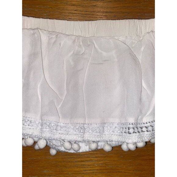 White Elastic Waist Cotton Blend Pom-Pom Lace Trim Tube Top - Picture 2 of 2